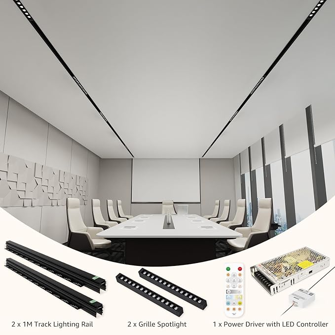 Track Lighting Rail Kit, 2PCS Magnetic Track Lighting Rail, 2PCS 15W Grille Spotlight Magnetic Track Head, 1PCS 200W Low Voltage LED Power Driver, Complete Track Lighting kit for Living Room