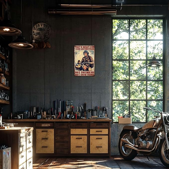 Motorcycle Metal Tin Sign That'S What I Do I Ride I Drink And I Know Things Tin Poster Vintage Garage Wall Decor Bedroom Home Kitchen Office Cafe Man Cave Accessories Decor 12x8 Inch
