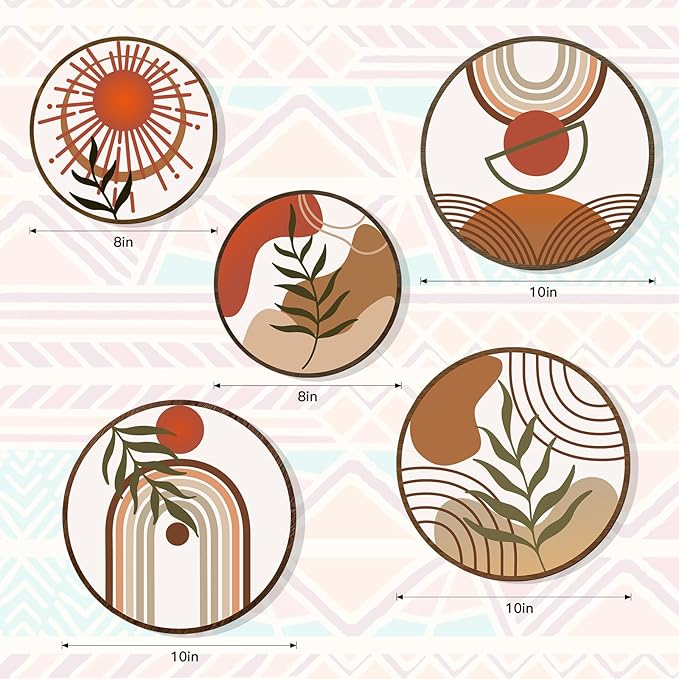 Zzbakress 5 Pcs Boho Wall Decor Farmhouse Wooden Round Bathroom Decor Vintage Boho Wall Decor Modern Aesthetic Minimalist Wooden Wall Art for Bedroom Office (Fresh, 5)