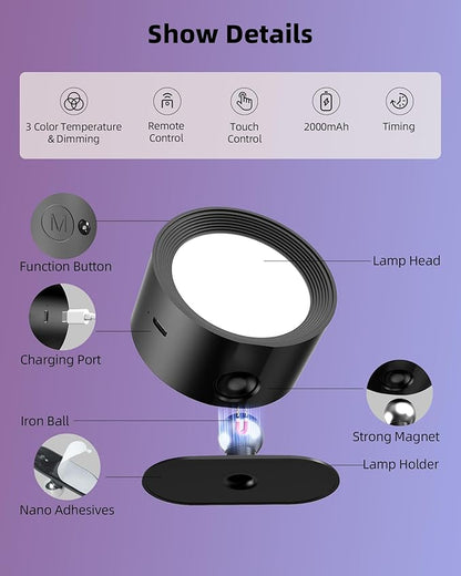 Wall Mounted Lights, 2 Pack Rechargeable RGB Color Changing Light, 3 Color Temps & Remote and Touch, 360°Rotation Dimmable Cordless for Study Bedroom Reading Bedside (Black)