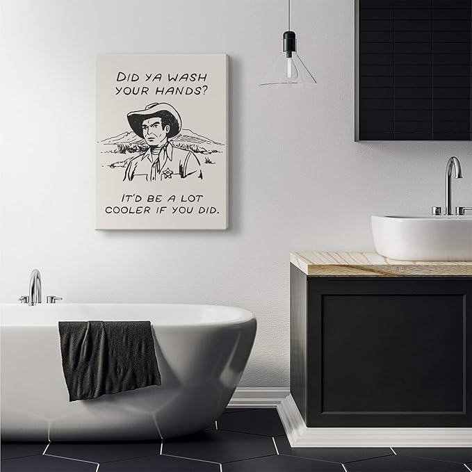 Framed Retro Black and White Cowboy Kitchen Wall Art Did You Wash Your Hands Canvas Prints Cute Bathroom Humor Pictures Trendy Decor Posters Paintings Western Home Wall Decor (12x16in Framed)