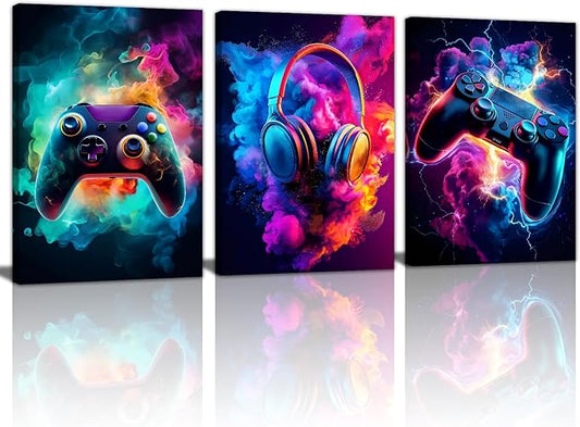 WENGTIAO 3Pcs Framed Gaming Canvas Wall Art Prints Cool Video Gamer Painting Neon Gamepad Headphones Posters Colorful Game Controller Pictures Esports Artwork for Teen Boys Bedroom Play Room 12x16in