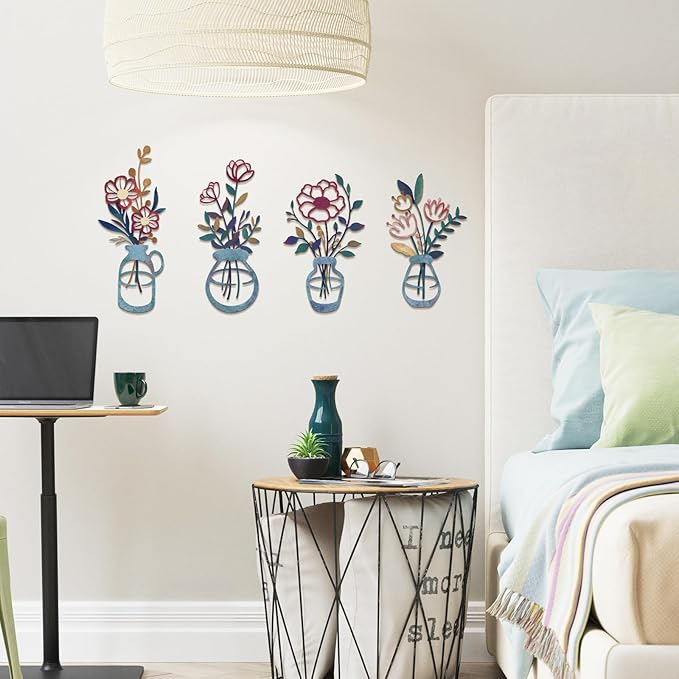 4PCS Metal Flowers Wall Arts Rustic Farmhouse Decor Minimalist Flower Wall Decors Metal Floral Wall Art for Living Room Bathroom Bedroom Dining Room (Multicolored)