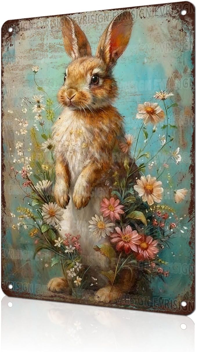 Vintage Easter Decor Farmhouse Rabbit Metal Sign Floral Design Rustic Wall Art For Home Kitchen Cafe Country Style Aluminum Plaque 8x12Inch