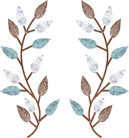Zhengmy 2 Pieces Metal Tree Leaf Wall Decor Vine Olive Branch Leaf Wall Art Living Room, Hallway Wall Decor Outdoor Decoration(Blue Brown Colors)