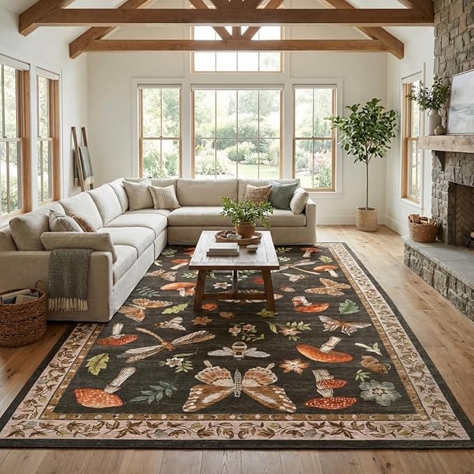 ROYHOME Mushroom Washable Rug 9x12 Area Rugs for Living Room, Insect Print Rug for Bedroom, Non Slip Throw Rugs with Rubber Back, Soft Low Pile Dining Room Under Table, Brown