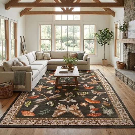 ROYHOME Mushroom Washable Rug 9x12 Area Rugs for Living Room, Insect Print Rug for Bedroom, Non Slip Throw Rugs with Rubber Back, Soft Low Pile Dining Room Under Table, Brown
