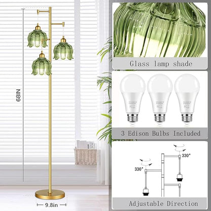 Vintage Floor Lamps for Living Room Bedroom-3 Light Gold Floor Lamp with Glass Lampshape, Flower Green Tall Lamp Mid Century Modern Standing Lamp Tree Floor Lamp for Bedroom Living Room Corner