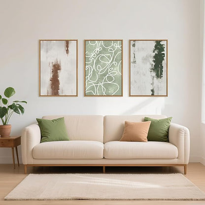Large Abstract Green Brown Geometric Framed Canvas Wall Art Set,Minimalist Neutral Brush Stroke Wall Decor,Modern Watercolor White Curved Lines Artwork for Living Room,Bedroom,Office-16 x24 x3