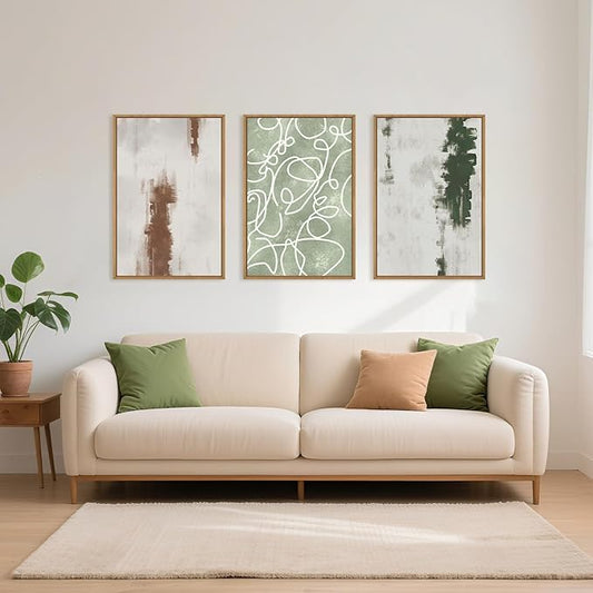 Large Abstract Green Brown Geometric Framed Canvas Wall Art Set,Minimalist Neutral Brush Stroke Wall Decor,Modern Watercolor White Curved Lines Artwork for Living Room,Bedroom,Office-16 x24 x3