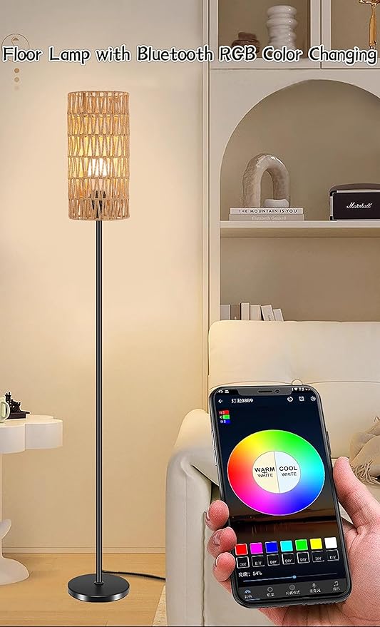 Ruiever Floor Lamp for Living Room,Farmhouse Floor lamp,Modern Standing lamp with Hand-Worked Rattan Shade (Round Rattan Shade with RGB Bulb)