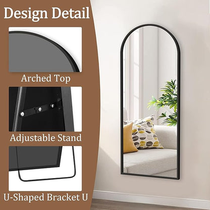 GlasFlength Full Length Mirror with Stand - 57" x 20" Arched Full Body Mirror with Aluminum Alloy Frame, Wall-Mounted/Leaning Against Wall/Standing Floor Mirror for Bedroom, Living Room, and Entryway