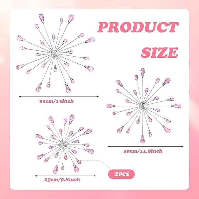 ZEXUIRU 4 Pcs Pink Starburst Wall Decor Metal Bling Wall Art Crystal Accents 3D Modern Decoration Glam Hanging Sculptures for Living Room Bedroom Office Teen Girl Room – Easy to Hang Home Decor Set