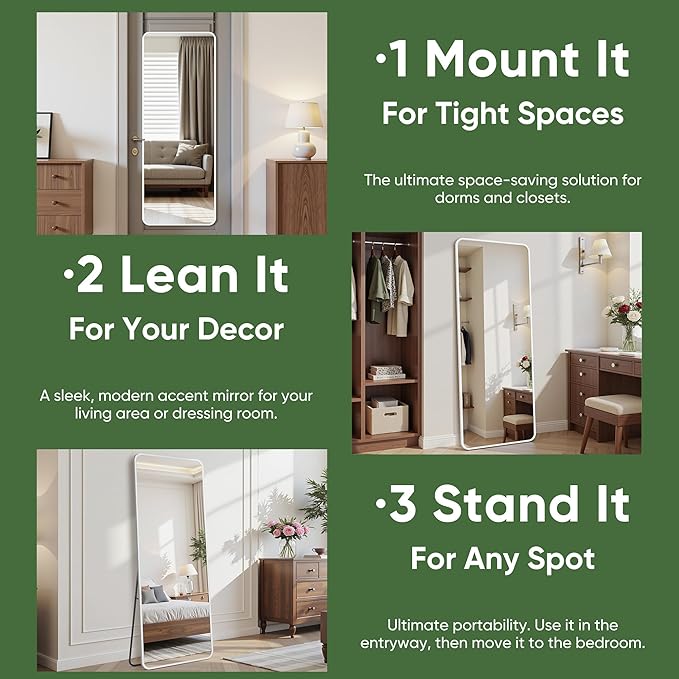 Suidia Full Length Mirror Over the Door&Wall Mounted, 48"x14" Door Mirror with Aluminum Alloy Frame, HD Shatterproof, No-Drill, Hanging Mirrors for Bedroom, Bathroom, Dorm, Closet, Rounded Rect, White