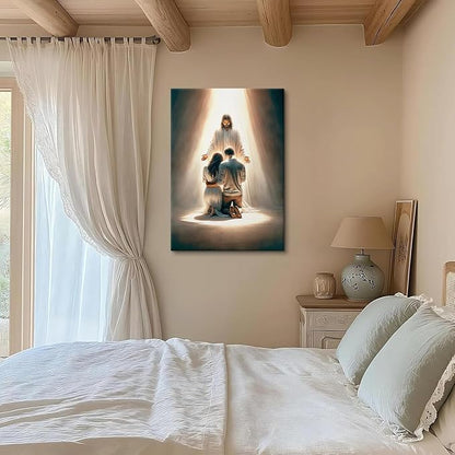 Jesus Blesses Couple Canvas Wall Art Couple Kneeling and Praying to Jesus Painting picture Wall Decor religion Christian Poster Print Artwork for Church LDS bedroom Living Home Decor 24x36 in Canvas