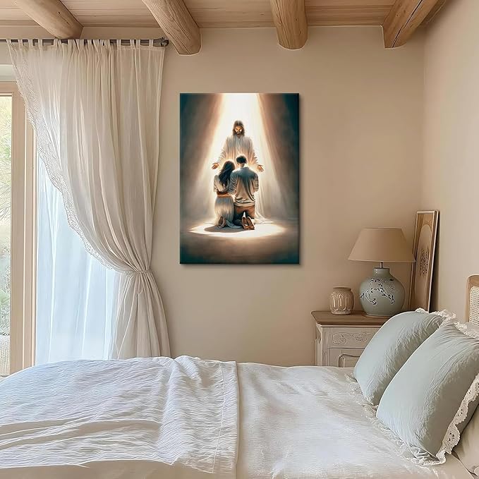 Jesus Blesses Couple Canvas Wall Art Couple Kneeling and Praying to Jesus Painting picture Wall Decor religion Christian Poster Print Artwork for Church LDS bedroom Living Home Decor 8x10 in Canvas
