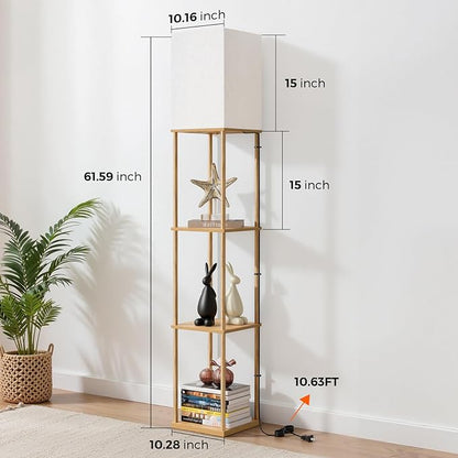 FOLKSMATE Floor Lamp with Shelves, 3-Tier Modern Square Bookshelf Floor Lamp, 3 Color Temperature Bulb Included, Floor Lamps for Living Room Bedroom Corner - Wood