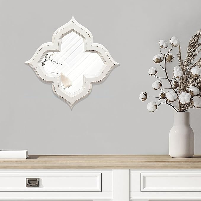 Hanging Antique Small Wall Mirrors Decorative 9.6 inch, Distressed White Sculpted Wood Mirror Farmhouse Home Decor, Shabby Chic Lucky Four-Leaf Clover Mirror Wall Decor for Living Room