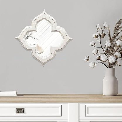 Hanging Antique Small Wall Mirrors Decorative 9.6 inch, Distressed White Sculpted Wood Mirror Farmhouse Home Decor, Shabby Chic Lucky Four-Leaf Clover Mirror Wall Decor for Living Room