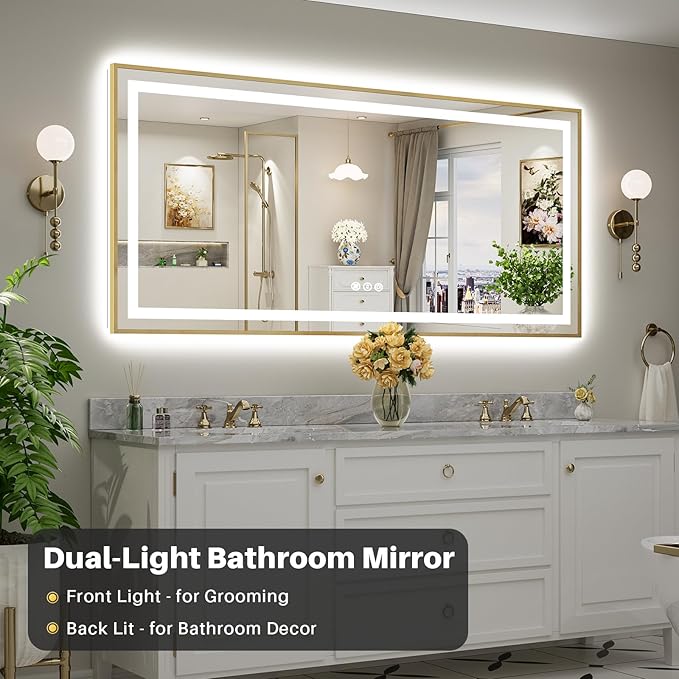 77x36 Inch LED Bathroom Mirror with Gold Frame, Backlit & Front Lit, Anti-Fog Lighted Bathroom Vanity Mirror for Wall, Memory Function, Dimmable, HD Tempered Glass, Shatter-Proof