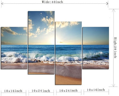 Beautiful Sunrise Beach Ocean Wave Pictures Wall Art for Living Room Home Decor Framed Stretched Modern Landscape Seascape Painting on Canvas 4 PCS Combination (40" W x 28" H)