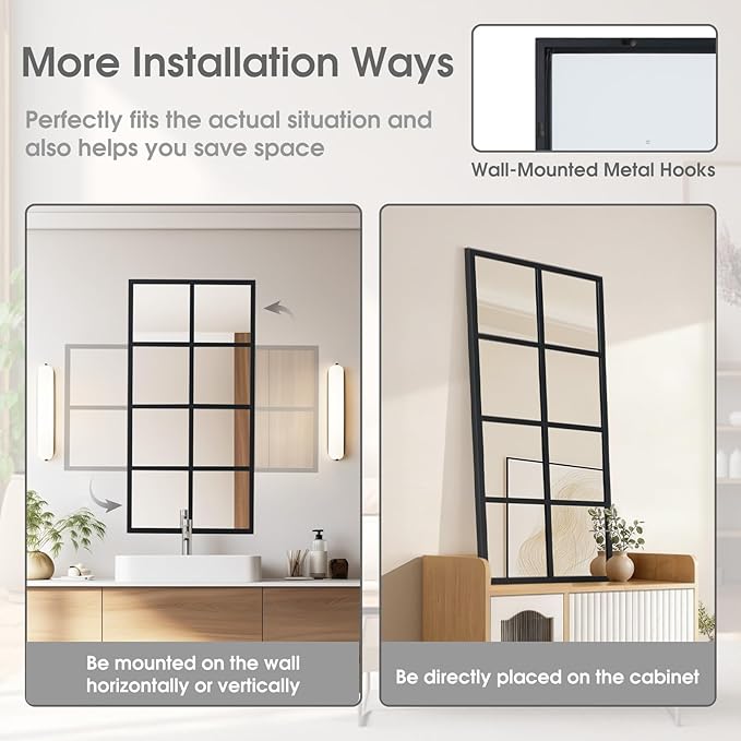 DUMOS Window Pane Mirror, 16x32 Inch Mirrors for Wall Decor Living Room, Black Metal Framed Big Square Mirror for Bathroom, Bedroom, Entryway