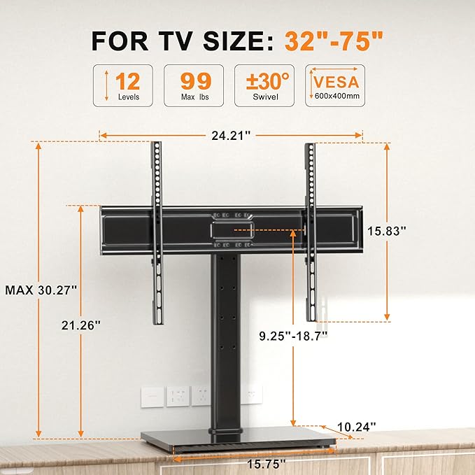 XINLEI Universal Swivel TV Stand Base Table Top TV Stand for 32-75 Inch TVs 60 Degree Swivel, 12 Height Adjustable Monitor Mount Stand, Max VESA 600x400mm,Holds up to 99lbs TS204