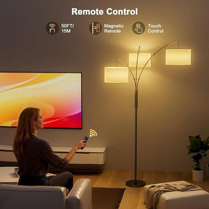 SIBRILLE 36W RGB Arc Floor Lamp with 3 Fabric Shades, 3000LM Super Bright Standing Lamp with Remote Control & Touch, Stepless Dimming, Individual Light Control for Living Room, Bedroom