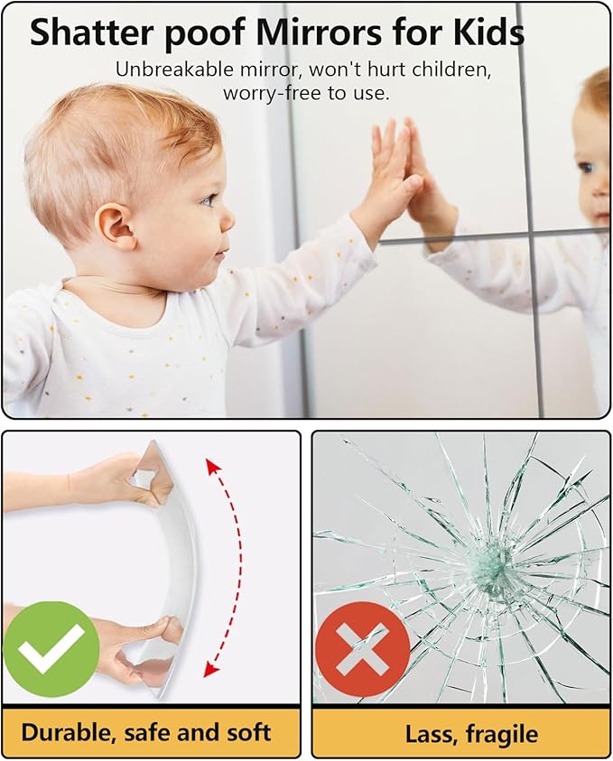 Unbreakable Mirror Tiles, 1PCS 12”x12” Peel And Stick on Mirror for Wall Mirrors Decorative, Toddlers for Kids Bedroom, Plastic Gym Frameless Door Small Adhesive Mirrors for Classroom Decor Stickers