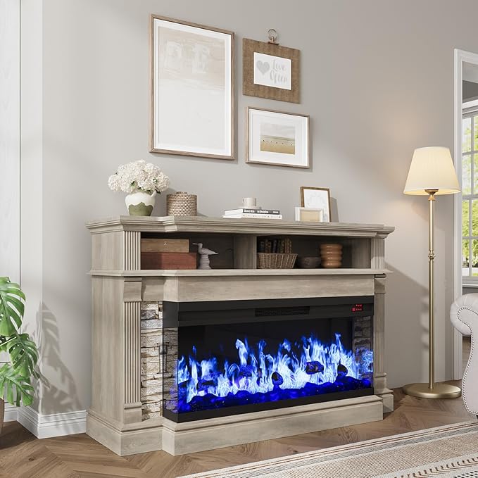 QUW Fireplace TV Stand for TVs up to 65", Farmhouse 52" Fireplace Entertainment Center with 36" 3-Side Glass Electric Fireplace, TV Console with Open Storage Shelves for Living Room, Grey