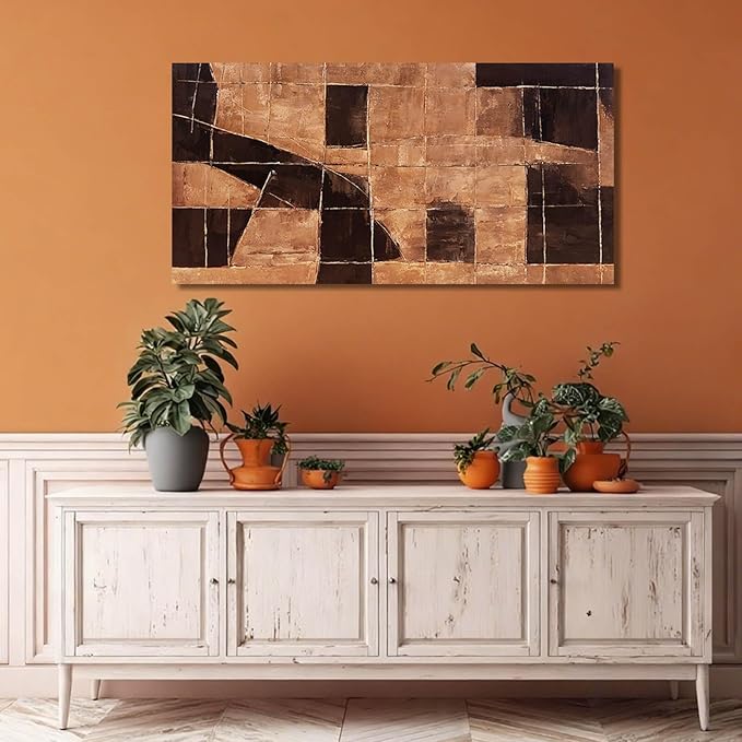 LEVERUP Geometric Block Wall Artwork Gold Canvas Wall Pictures Modern Abstract Wall Decor for Living Room Office Hotel 20×40 Inch Hallway Decorations