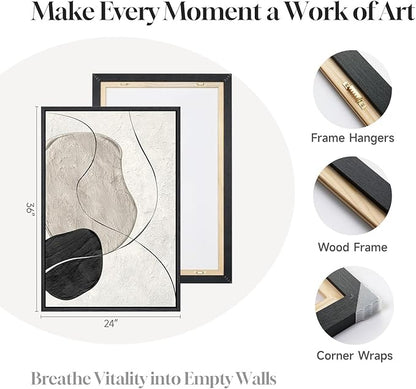 Framed Black and White Abstract Wall Art for Living Room, Large 3 Piece Neutral Minimalist Canvas Artworks, Modern Painting Prints for Dining Room Hallway Home Office Wall Decor, 24x36 In