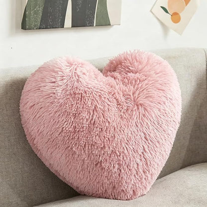 MorroMorn Fluffy Heart Throw Pillows, Shaggy Decorative Pillow for Sofa Couch Bed, Cute Room Decor Decorations for Women Girls Kids (Blush)