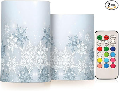 ALAZA Silver Winter Abstract Snowflakes Christmas Flickering Flameless Candles Battery Operated with Remote Timer,Tea Light Candles LED Pillar Votive Candles Set of 2 for Outdoor Indoor Decorations