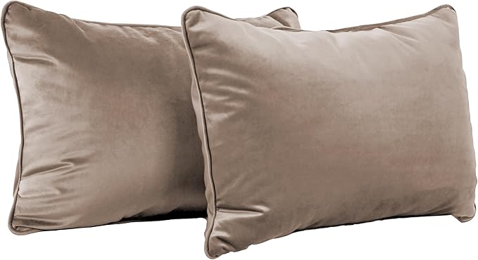 FDP 16" x 24" Velvet Rectangle Lumbar Pillow Set with Piping Decorative Throw Pillow for Home Décor in Living Room, Bedroom or Lounge (2-Pack) - Caffe, 15160-346