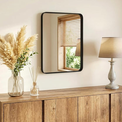 NEWBULIG 24X30 Inch Bathroom Mirror for Over Sink, Wall Vanity Mirrors Tempered Glass, Anti-Rust Metal Framed Rounded Rectangle, Hangs Horizontally or Vertically, Farmhouse Home Decor, Black