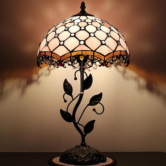 Tiffany Lamp Stained Glass Style Table Lamp Pink Beads Style Bedside Desk Reading Light W12H19 Inch Metal Leaf Base with Metal Leaf Base