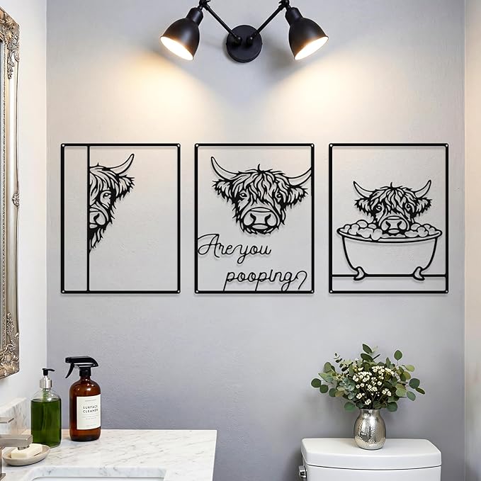 Otoolling 3 Pieces Metal Minimalist Line Kitchen Signs Wall Decor Drawing Rustic Bathroom Wall Art for Dining Living Room Bathroom Home, 14 x 11 Inches(Highland Cow,Black)