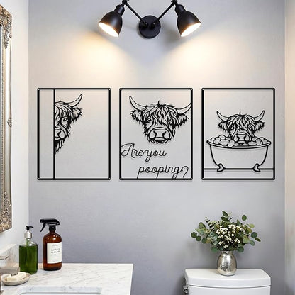 Otoolling 3 Pieces Metal Minimalist Line Kitchen Signs Wall Decor Drawing Rustic Bathroom Wall Art for Dining Living Room Bathroom Home, 14 x 11 Inches(Highland Cow,Black)