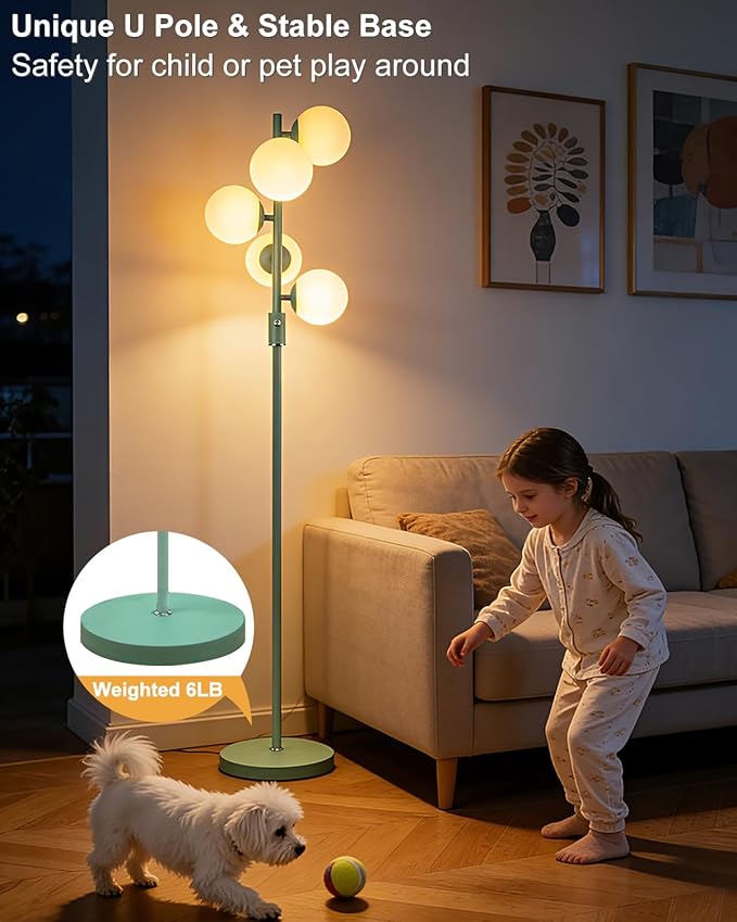 Lightdot Dimmable Globe Floor Lamp Mid Century Modern Floor Lamp with 5Pcs 3000K G9 Bulbs Stepless Brightness Adjustable Green Standing Lamps with 5Lbs Heavy Base for Living Room Bedroom Office