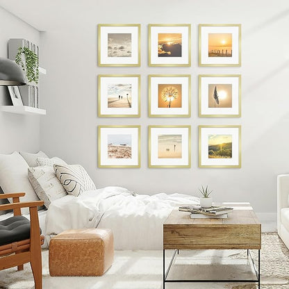12x12 Picture Frame Sef of 10, Display Pictures 8x8 with Mat or 12 x 12 Without Mat, Photo Frame Collage for Wall Gallery Decor, Wall Mounted, Gold