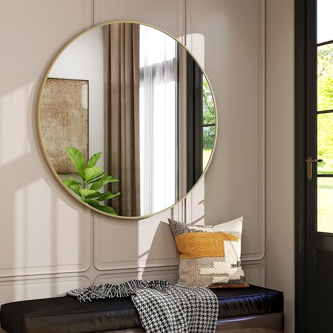 EASLY 32'' Round Mirror, Gold Bathroom Wall Mirror with Metal Frame for Entryway, Living Room, Vanity, Bedroom