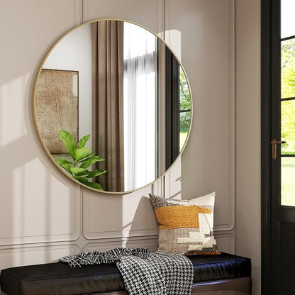 EASLY 32'' Round Mirror, Gold Bathroom Wall Mirror with Metal Frame for Entryway, Living Room, Vanity, Bedroom