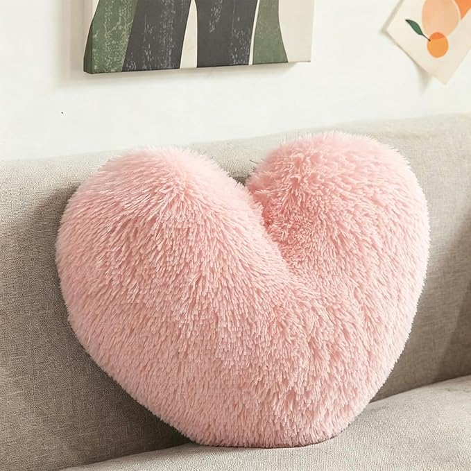 MorroMorn Fluffy Heart Throw Pillows, Shaggy Decorative Pillow for Sofa Couch Bed, Cute Room Decor Decorations for Women Girls Kids (Pink)