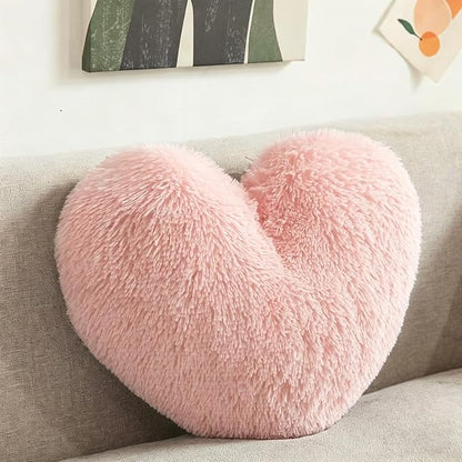 MorroMorn Fluffy Heart Throw Pillows, Shaggy Decorative Pillow for Sofa Couch Bed, Cute Room Decor Decorations for Women Girls Kids (Pink)
