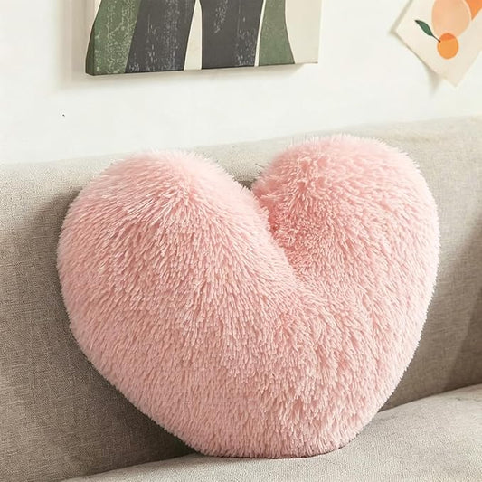MorroMorn Fluffy Heart Throw Pillows, Shaggy Decorative Pillow for Sofa Couch Bed, Cute Room Decor Decorations for Women Girls Kids (Pink)