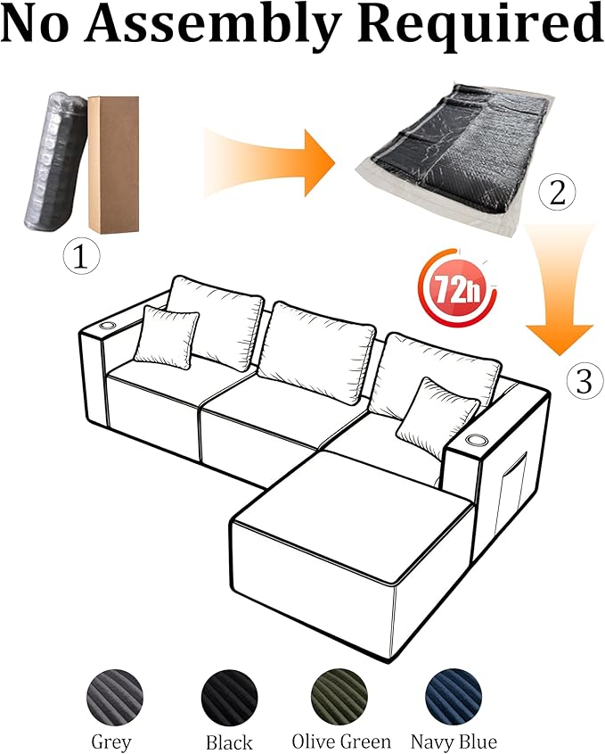 104'' L-Shaped Cloud Modular Sectional Sofa, Modern Corduroy Memory Foam Couch with Cup Holders, Upholstered Boneless Deep Seat Fluffy 3-Seater Sofa with Ottoman, No Assembly Needed, Black