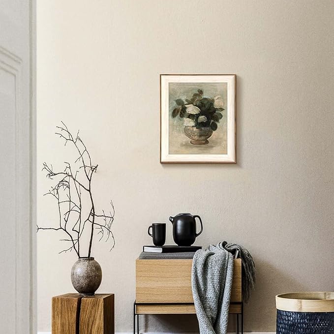 Uniro Vintage Floral Wall Art Framed, Neutral Flower Still Life Oil Painting, White Roses Canvas Prints Artwork with Antique Frame, Farmhouse Wall Decor for Bedroom, Kitchen, Shelf, Bathroom Wall Decor, Cottagecore Room Decor - 10x12Inch