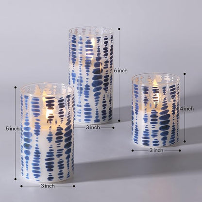 Eywamage Blue Dots Flameless Candles in Glass Jars, Flickering Battery LED Pillar Candles with Remote Set of 3