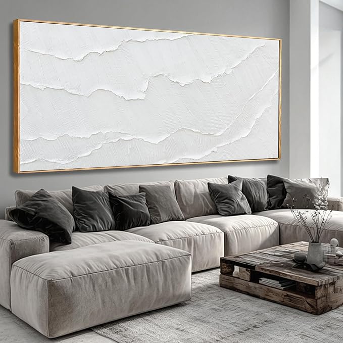 Extra Large Modern White sea wave Line Abstract Artwork Framed Neutral Canvas Wall Art for Living Room Bedroom Office Minimalist Decor 40x88 Inch